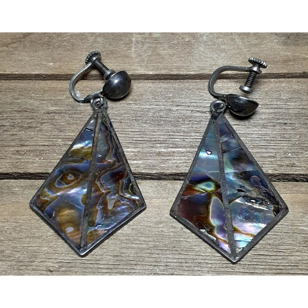 Earrings Sterling Silver and Abalone Screwback Dangle Drop